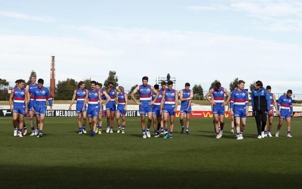The Western Bulldogs leave the field after a win during the 2021 AFL Round 20 match between the Western Bulldogs and the Adelaide Crows at Mars...