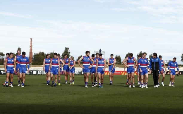 The Western Bulldogs leave the field after a win during the 2021 AFL Round 20 match between the Western Bulldogs and the Adelaide Crows at Mars...