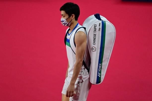 Taiwan's Chou Tien-chen arrives for his men's singles badminton quarter final match against China's Chen Long during the Tokyo 2020 Olympic Games at...