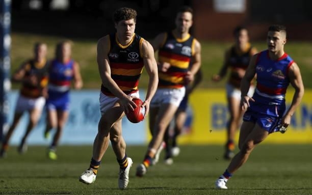 Harry Schoenberg of the Crows in action during the 2021 AFL Round 20 match between the Western Bulldogs and the Adelaide Crows at Mars Stadium on...