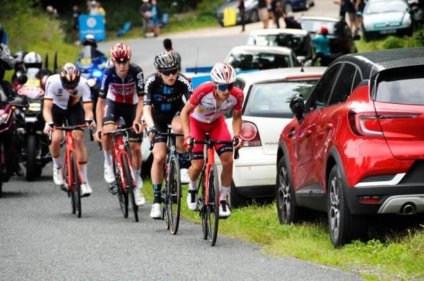 Remy Rochas of Cofidis and Michael Storer of Team Dsm and Harm Vanhoucke of Lotto Soudal at col de Portes during the Stage 2 of Tour de l'Ain from...