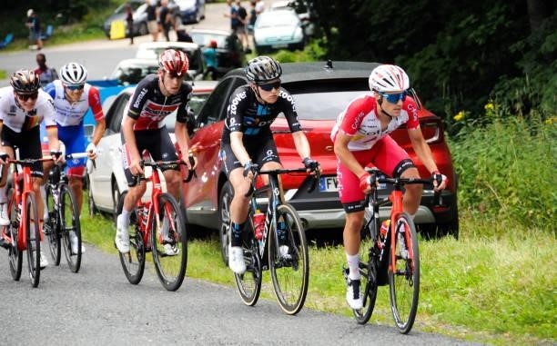 Remy Rochas of Cofidis and Michael Storer of Team Dsm and Harm Vanhoucke of Lotto Soudal and Georg Steinhauser of Allemagne Espoirs at col de Portes...