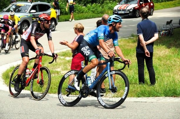 Mattia Frapporti of Eolo - Kometa and Frederik Frison of Lotto Soudal at cote de Corlier during the Stage 2 of Tour de l'Ain from Lagnieu to...