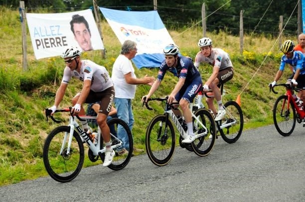 Nans Peters and Dorian Godon of Ag2r Team Citroen and Otto Vergaerde of Alpecin - Fenix at col de Portes during the Stage 2 of Tour de l'Ain from...