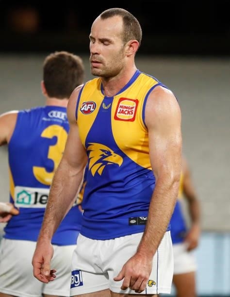 Shannon Hurn of the Eagles looks dejected after a loss during the 2021 AFL Round 20 match between the Collingwood Magpies and the West Coast Eagles...