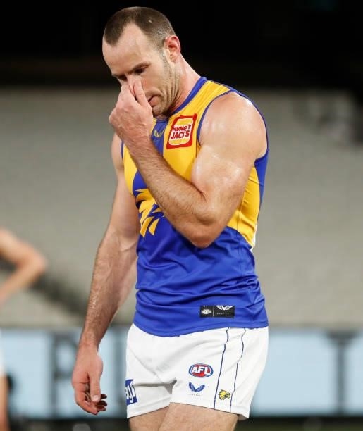 Shannon Hurn of the Eagles looks dejected after a loss during the 2021 AFL Round 20 match between the Collingwood Magpies and the West Coast Eagles...