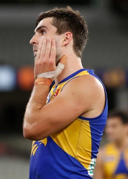 Andrew Gaff of the Eagles looks dejected after a loss during the 2021 AFL Round 20 match between the Collingwood Magpies and the West Coast Eagles at...