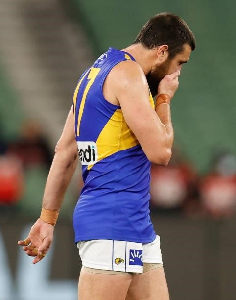 Josh J. Kennedy of the Eagles looks dejected during the 2021 AFL Round 20 match between the Collingwood Magpies and the West Coast Eagles at the...