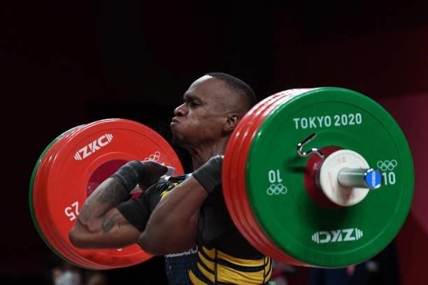 Colombia's Brayan Santiago Rodallegas Carvajal competes in the men's 81kg weightlifting competition during the Tokyo 2020 Olympic Games at the Tokyo...