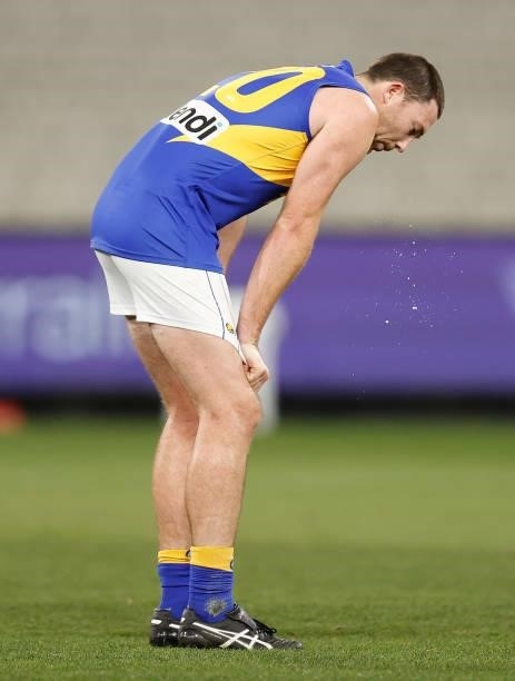 Jeremy McGovern of the Eagles looks dejected after a loss during the 2021 AFL Round 20 match between the Collingwood Magpies and the West Coast...