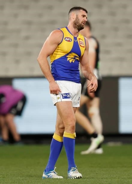 Jack Darling of the Eagles looks dejected after a loss during the 2021 AFL Round 20 match between the Collingwood Magpies and the West Coast Eagles...