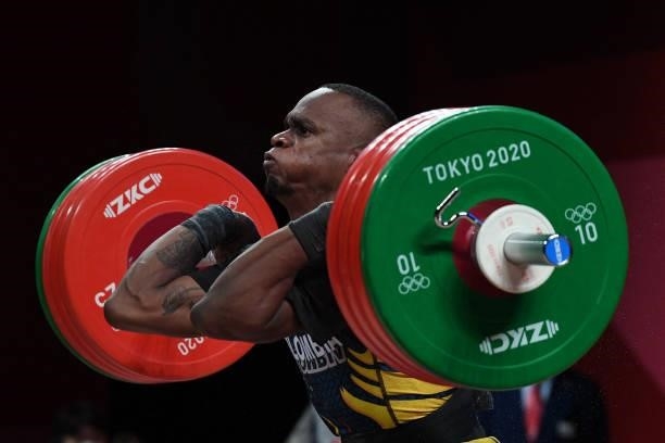 Colombia's Brayan Santiago Rodallegas Carvajal competes in the men's 81kg weightlifting competition during the Tokyo 2020 Olympic Games at the Tokyo...