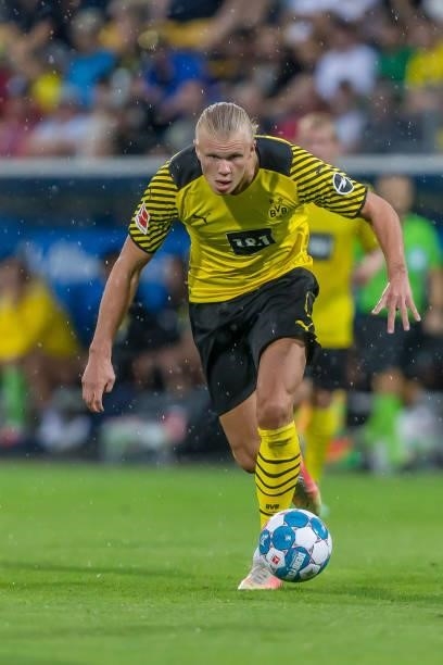Erling Haaland of Borussia Dortmund controls the Ball during the Preseason Friendly Match between Borussia Dortmund and FC Bologna at CASHPOINT Arena...