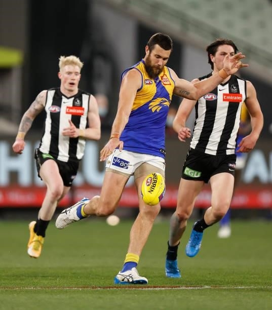 Josh J. Kennedy of the Eagles kicks the ball during the 2021 AFL Round 20 match between the Collingwood Magpies and the West Coast Eagles at the...