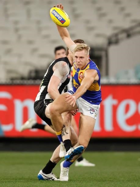 Oscar Allen of the Eagles in action during the 2021 AFL Round 20 match between the Collingwood Magpies and the West Coast Eagles at the Melbourne...