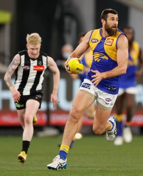 Josh J. Kennedy of the Eagles in action during the 2021 AFL Round 20 match between the Collingwood Magpies and the West Coast Eagles at the Melbourne...