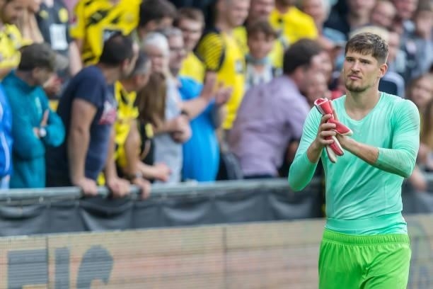 Goalkeeper Gregor Kobel of Borussia Dortmund gestures after the Preseason Friendly Match between Borussia Dortmund and FC Bologna at CASHPOINT Arena...