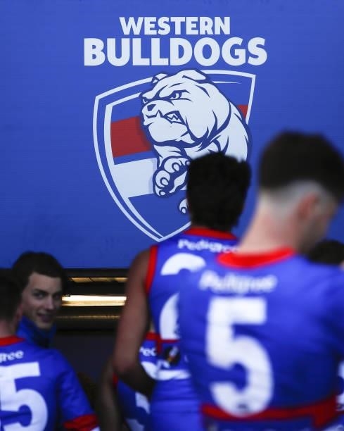 Bulldogs signage is seen as the players leave the ground during the 2021 AFL Round 20 match between the Western Bulldogs and the Adelaide Crows at...