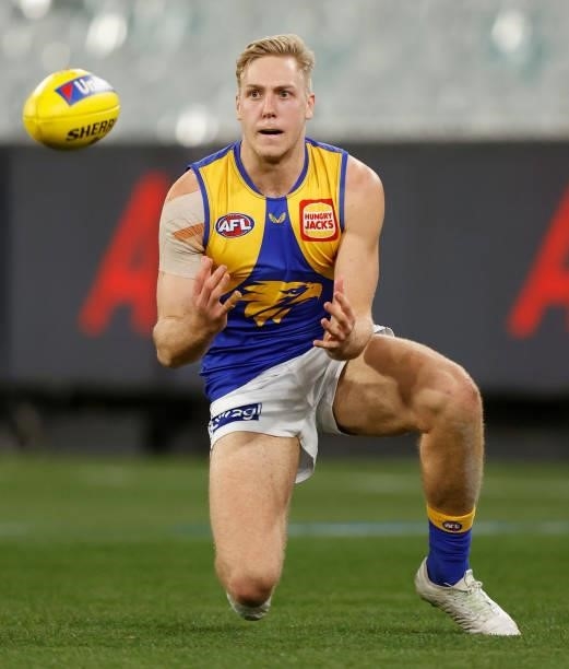 Oscar Allen of the Eagles marks the ball during the 2021 AFL Round 20 match between the Collingwood Magpies and the West Coast Eagles at the...