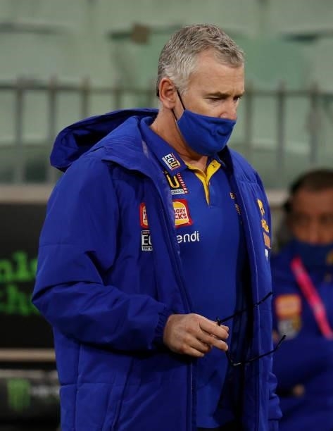 Adam Simpson, Senior Coach of the Eagles looks on during the 2021 AFL Round 20 match between the Collingwood Magpies and the West Coast Eagles at the...