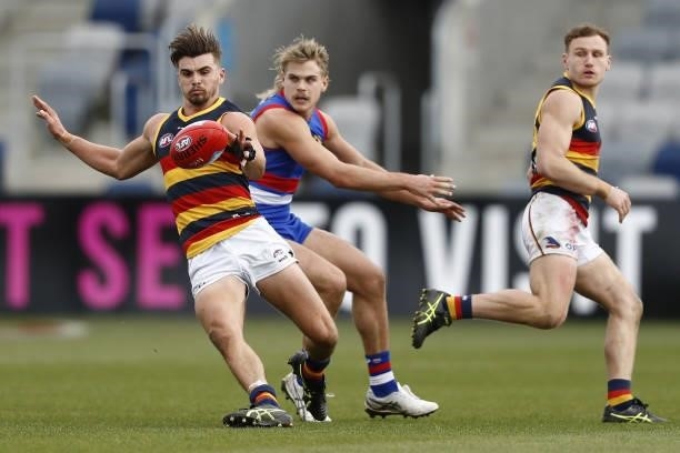 Ben Keays of the Crows kicks the ball during the 2021 AFL Round 20 match between the Western Bulldogs and the Adelaide Crows at Mars Stadium on July...