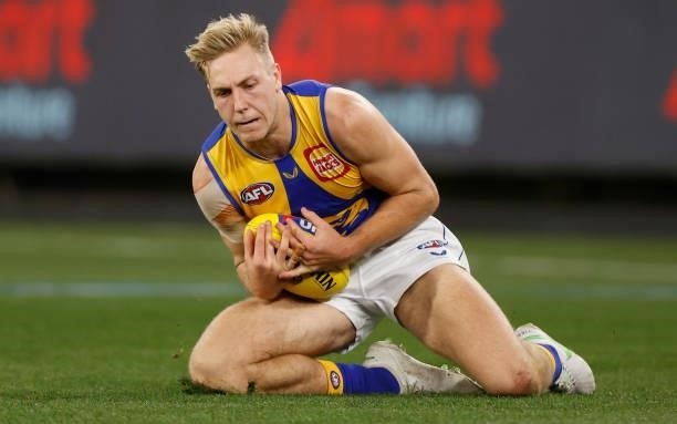 Oscar Allen of the Eagles marks the ball during the 2021 AFL Round 20 match between the Collingwood Magpies and the West Coast Eagles at the...