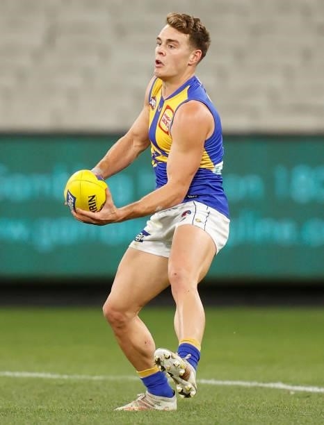 Zac Langdon of the Eagles in action during the 2021 AFL Round 20 match between the Collingwood Magpies and the West Coast Eagles at the Melbourne...