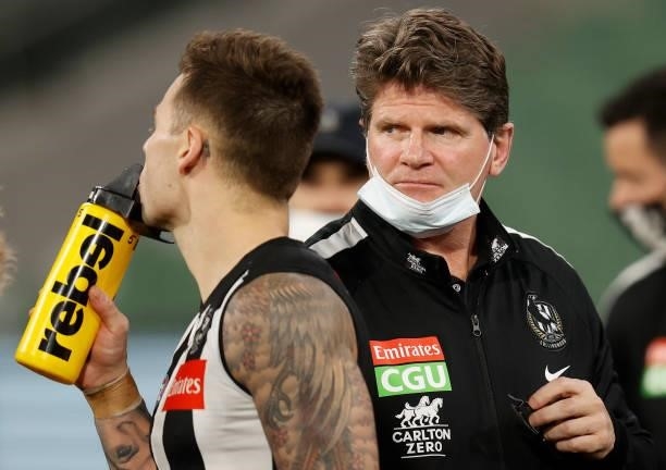 Robert Harvey, Interim Senior Coach of the Magpies looks on during the 2021 AFL Round 20 match between the Collingwood Magpies and the West Coast...