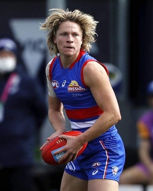 Cody Weightman of the Bulldogs looks on during the 2021 AFL Round 20 match between the Western Bulldogs and the Adelaide Crows at Mars Stadium on...