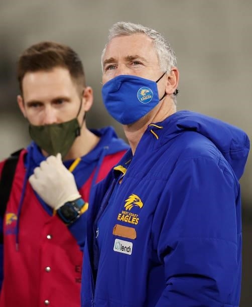 Adam Simpson, Senior Coach of the Eagles looks on during the 2021 AFL Round 20 match between the Collingwood Magpies and the West Coast Eagles at the...