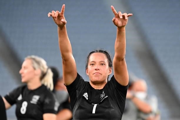 New Zealand's Tyla Nathan-Wong reacts after winning the women's final rugby sevens match between New Zealand and France during the Tokyo 2020 Olympic...