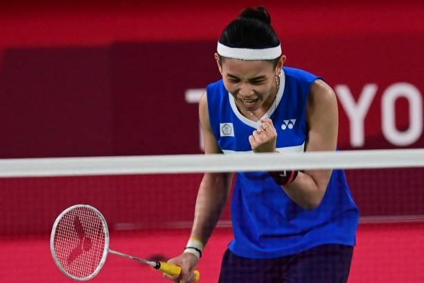 Taiwan's Tai Tzu-ying reacts after winning the first game against India's P. V. Sindhu in their women's singles badminton semi-final match during the...