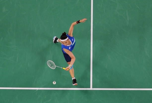 Taiwan's Tai Tzu-ying hits a shot to India's P. V. Sindhu in their women's singles badminton semi-final match during the Tokyo 2020 Olympic Games at...