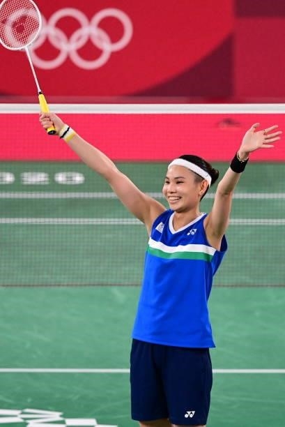Taiwan's Tai Tzu-ying celebrates after beating India's P. V. Sindhu in their women's singles badminton semi-final match during the Tokyo 2020 Olympic...