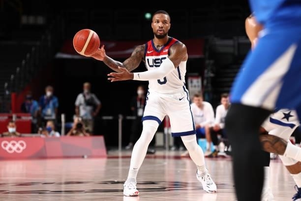 Damian Lillard of the USA Men's National Team passes the ball against Czech Republic Men's National Team during the 2020 Tokyo Olympics on July 31,...