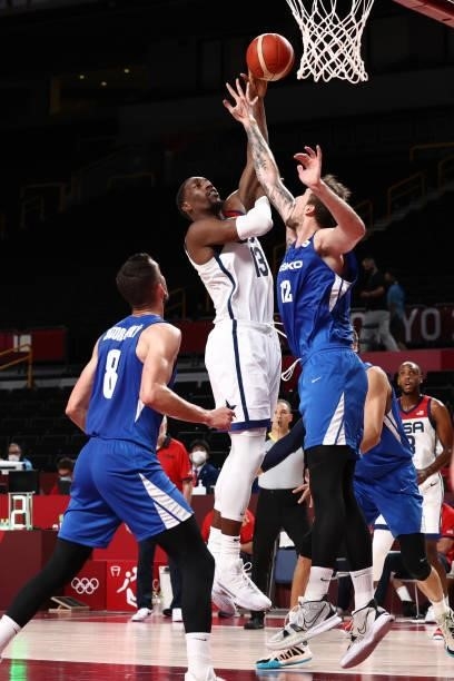 Bam Adebayo of the USA Men's National Team shoots the ball against Czech Republic Men's National Team during the 2020 Tokyo Olympics on July 31, 2021...