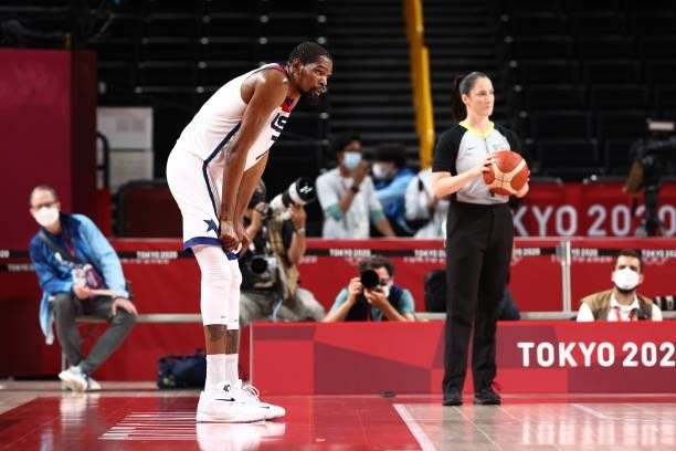 Kevin Durant of the USA Men's National Team looks on during the 2020 Tokyo Olympics on July 31, 2021 at the Saitama Super Arena in Tokyo, Japan. NOTE...