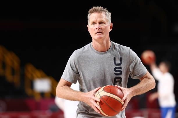 Assistant Coach, Steve Kerr of the USA Men's National Team help with warm ups prior to the game against Czech Republic Men's National Team during the...