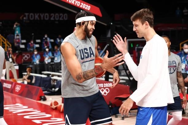 JaVale McGee of the USA Men's National Team high fives Jan Vesely of the Czech Republic Men's National Team before the game during the 2020 Tokyo...