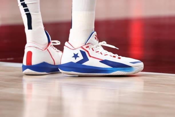 The sneakers worn by Draymond Green of the USA Men's National Team during the 2020 Tokyo Olympics on July 31, 2021 at the Saitama Super Arena in...