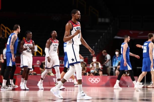 Kevin Durant of the USA Men's National Team celebrates during the 2020 Tokyo Olympics on July 31, 2021 at the Saitama Super Arena in Tokyo, Japan....