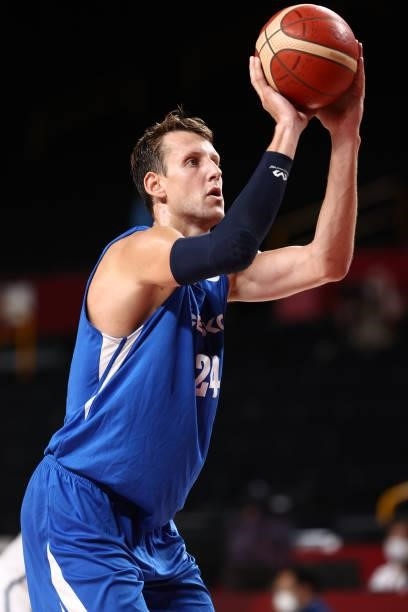 Jan Vesely of the Czech Republic Men's National Team shoots the ball against USA Men's National Team during the 2020 Tokyo Olympics on July 31, 2021...