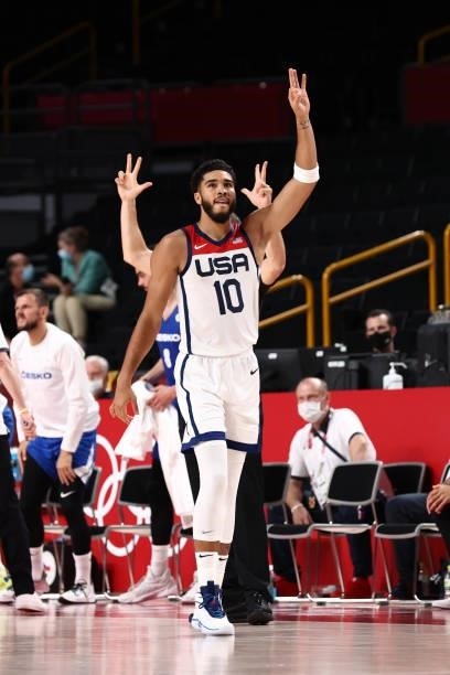 Jayson Tatum of the USA Men's National Team celebrates during the 2020 Tokyo Olympics on July 31, 2021 at the Saitama Super Arena in Tokyo, Japan....