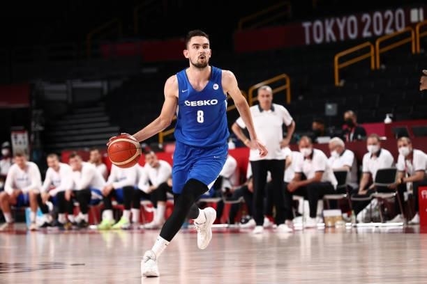 Tomas Satoransky of the Czech Republic Men's National Team dribbles the ball against USA Men's National Team during the 2020 Tokyo Olympics on July...