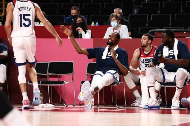 Kevin Durant of the USA Men's National Team smiles during the 2020 Tokyo Olympics on July 31, 2021 at the Saitama Super Arena in Tokyo, Japan. NOTE...