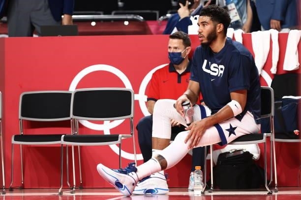 Jayson Tatum of the USA Men's National Team looks on during the 2020 Tokyo Olympics on July 31, 2021 at the Saitama Super Arena in Tokyo, Japan. NOTE...