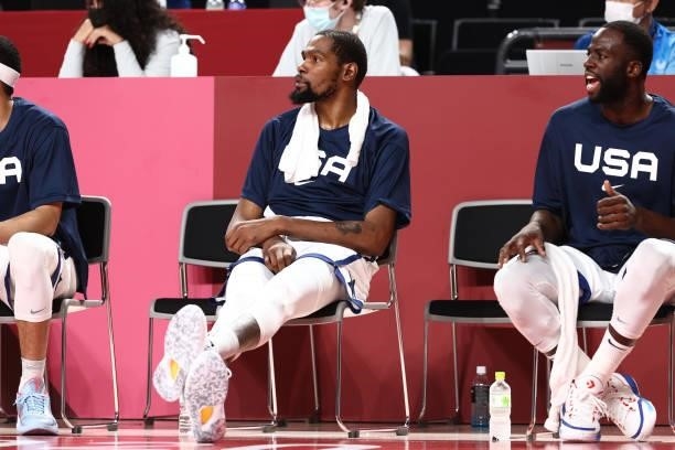 Kevin Durant of the USA Men's National Team looks on during the 2020 Tokyo Olympics on July 31, 2021 at the Saitama Super Arena in Tokyo, Japan. NOTE...