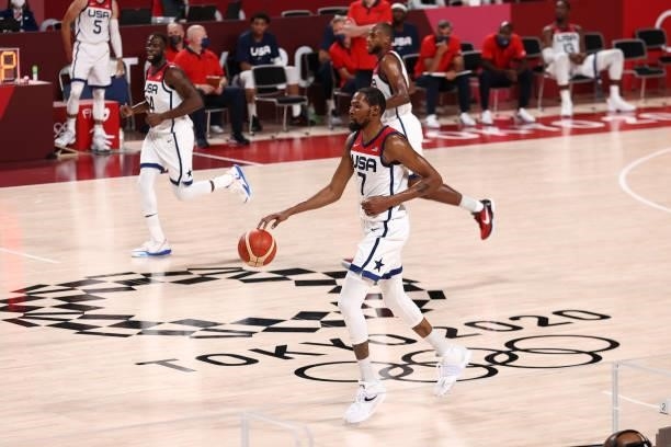 Kevin Durant of the USA Men's National Team dribbles the ball during the game against the Czech Republic Men's National Team during the 2020 Tokyo...