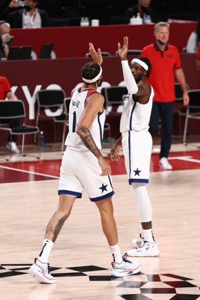 Jerami Grant hi-fives JaVale McGee of the USA Men's National Team during the game against the Czech Republic Men's National Team during the 2020...