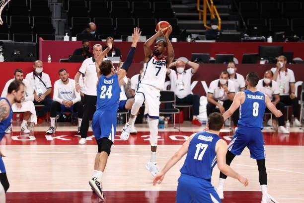 Kevin Durant of the USA Men's National Team shoots the ball during the game against the Czech Republic Men's National Team during the 2020 Tokyo...